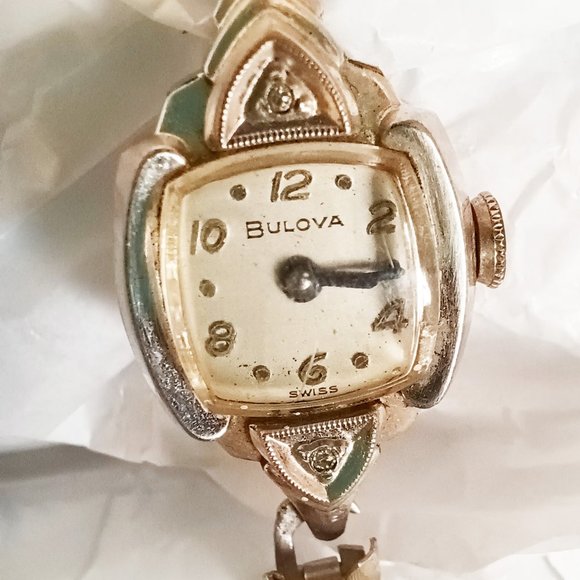 Bulova Accessories - Vntg 50s BULOVA Swiss Mvmt LADY'S WATCH Gold w Diamonds RUNS
